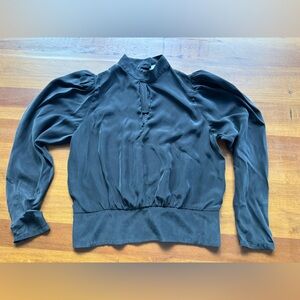 FRAME 100% Silk Noir Puff Sleeve Blouse | High Neck Keyhole Top